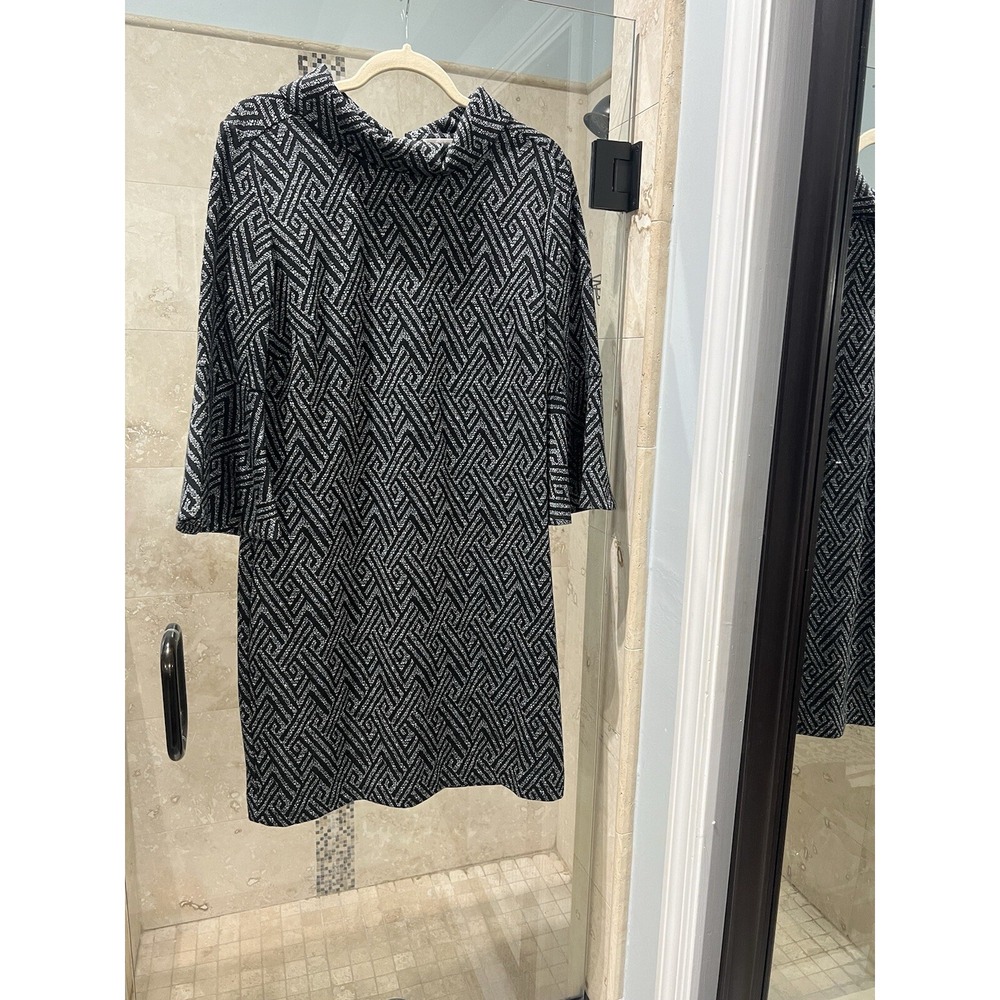 Tyler Boe Gray Herringbone Cowl Neck 3/4 Bell Sleeve Shift Sweater Dress L
